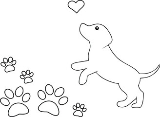 Adorable Puppy Love Outline Drawing, Paw Prints, Heart