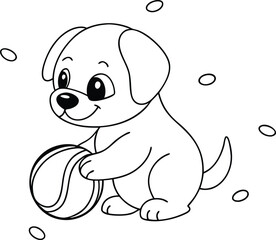 Adorable Cartoon Puppy Playing with Ball, Line Art, Coloring Page