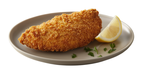 Delicious fried fish fillet plate with lemon slice and herbs transparent background culinary