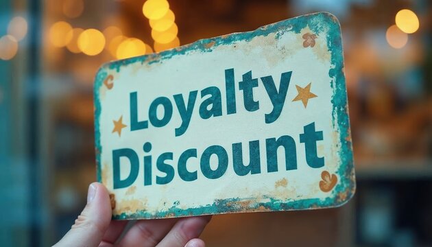 Hand holding a vintage loyalty discount sign against a blurred background of a cozy cafe