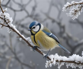 Obraz premium The snow-covered branches seemed to stretch up to the grey sky, supporting a lone blue tit, winter bird, bare branches