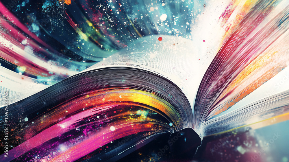 Poster an open book with pages flowing in a swirl of vibrant abstract colors symbolizing imagination creati