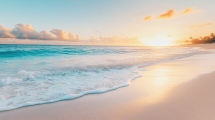 Fototapeta premium Sunrise Serenity: Waves Gently Kissing a Sandy Shore