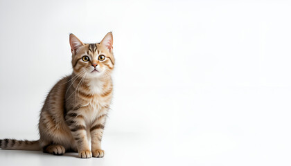 Obraz premium a kitten with expressive eyes and fluffy fur. It looks curious and playful, with a white wall background, and there is free space for text.