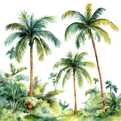 Lush Watercolor Palm Trees Tropical Paradise Escape Vibrant Greens Serene Scene