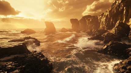 Obraz premium Golden Sunset Over Rocky Ocean Coastline
