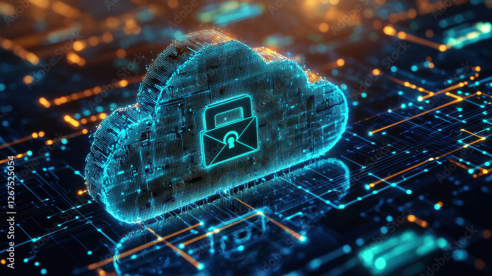 Poster secure transfer of encrypted backup files between corporate cloud servers with glowing cyber protect