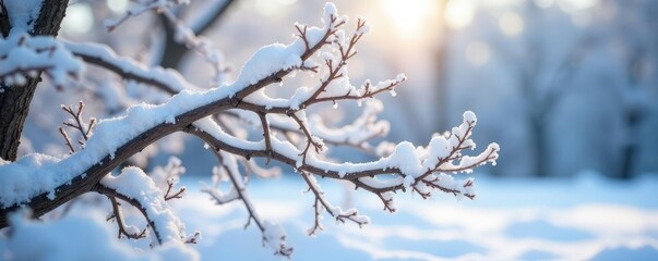 Thin branches blanketed in a layer of fresh powder, fresh, clean, landscape