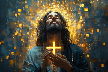 Spiritual reflections of Jesus Christ with cross and shining abstract background in moment of prayer