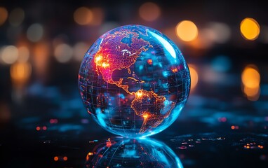 Glowing glass globe highlighting the Americas in brilliant hues, representing global connections, technological advancements, and endless possibilities, highdefinition, 8K