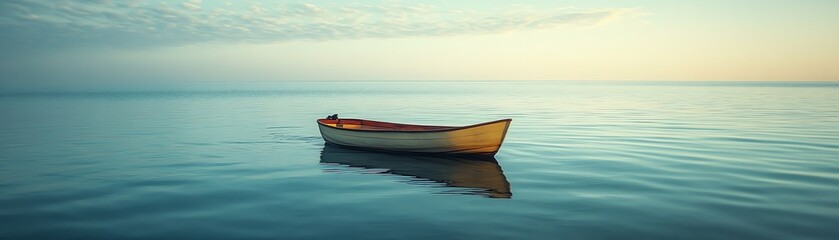Naklejka premium Lone boat drifting peacefully in calm ocean waters, serene sky above, person floating peacefully, daylight, calm and tranquil mood, highdefinition, 4K