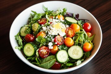 Fresh and Healthy Salad with Avocado, Tomatoes, Cucumber, Leafy Greens, Cheese, and Dressing