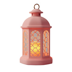 A pink lantern with intricate cutouts and a lit candle inside.