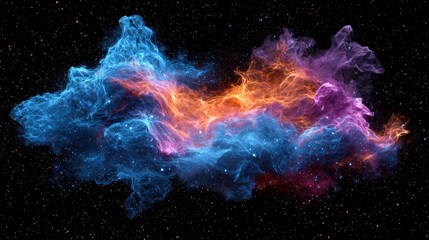 Obraz premium Hydrogen atoms fusing into helium create a colorful cosmic explosion with vibrant plasma waves in a detailed symmetrical composition