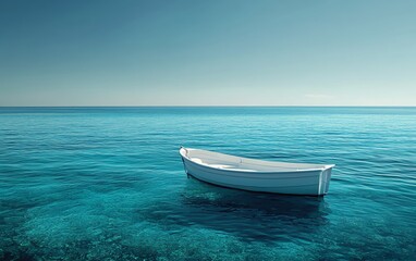 Naklejka premium Serene ocean waters with a lone boat, person floating peacefully in the daylight, clear skies and calm surroundings, ultrarealistic, 8K resolution
