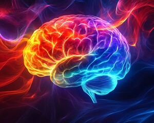 Abstract digital illustration of a human brain with the brain center illuminated, surrounded by vibrant energy patterns, 8K UHD