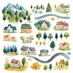 Watercolor village houses charming countryside idyllic scenery peaceful mountain view