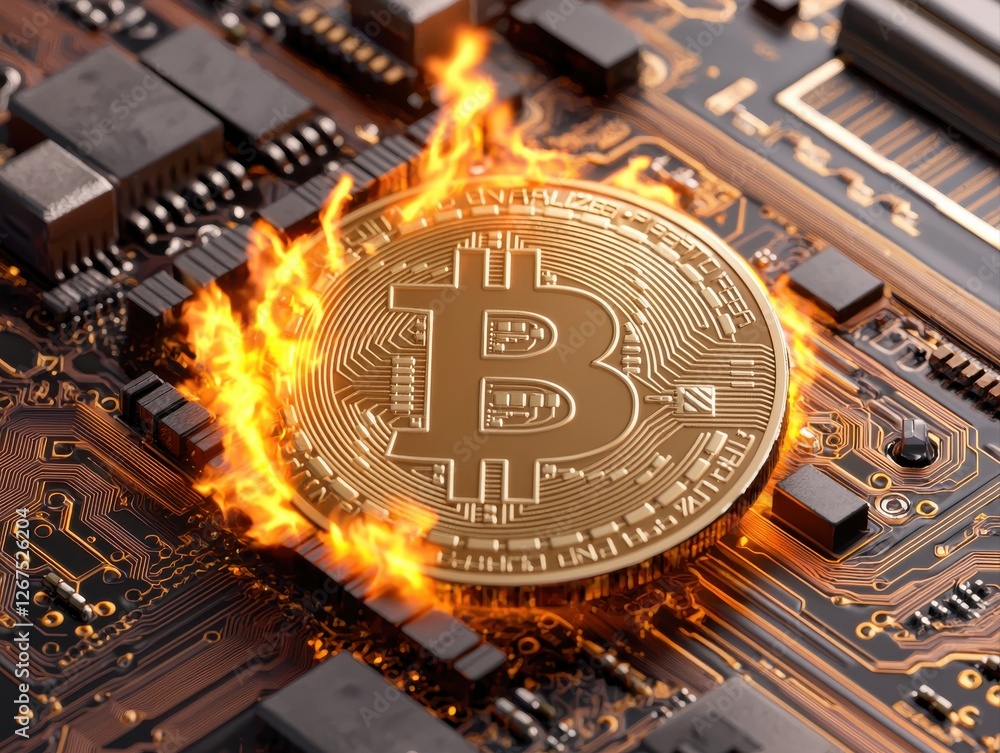 Poster a glowing bitcoin coin rests on a circuit board, surrounded by flames, symbolizing the intersection 