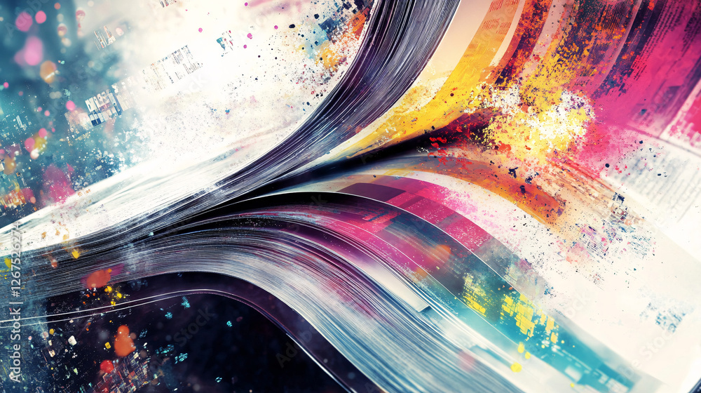 Poster dynamic abstract artwork with fluid motion and vibrant colors blending together in a swirling and en