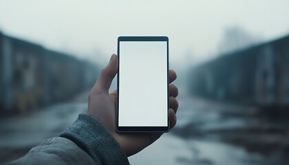 Closeup of a hand holding a smartphone with a blank white screen, blurred background, modern technology, highdefinition, 8K resolution