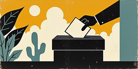 A hand casting a ballot into a box, symbolizing voting in an election for a political party. Represents civic duty and democratic participation