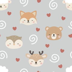 Animals Cute Seamless Pattern, adorable design for kids, vector illustration
