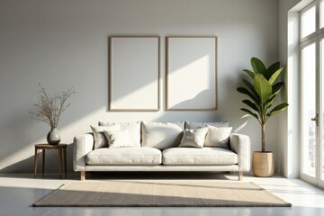 Serene Minimalist Living Room Interior Design Featuring a Comfortable Sofa, Neutral Color Palette, and Natural Light