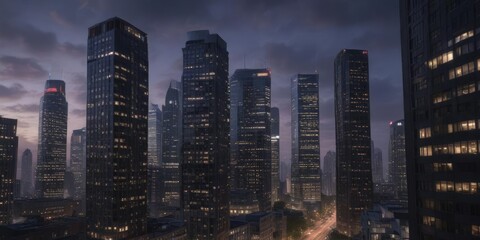 Obraz premium Towering high-rise buildings illuminated by streetlights at dusk, streetlights, high rise buildings, city streets