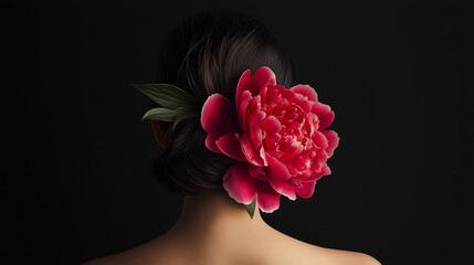 Elegant Woman with Dark Hair Adorned with a Bright Red Peony Flower Against a Black Background Showcasing Natural Beauty and Graceful Simplicity in Floral Hair Accessories
