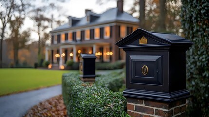 A black mailbox with a gold button sits on a brick post next to a house