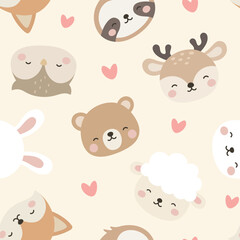 Animals Cute Seamless Pattern, adorable design for kids, vector illustration