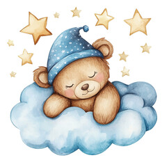 Sweet teddy bear sleeping soundly on a fluffy cloud surrounded by twinkling stars a peaceful dreamy scene