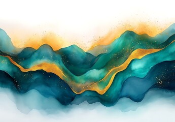 Abstract Watercolor Background with Gold Accents and Teal Hues