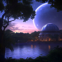 Obraz premium Celestial Dome Reflections on Tranquil Waters Amidst Lush Flora Under a Giant Planet Glimmer