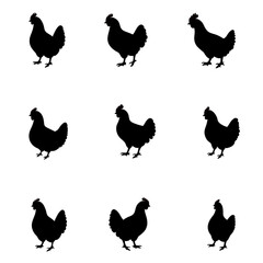 Nine Black Hen Silhouettes Farm Animals Simple Design