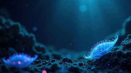 Obraz premium Enigmatic Luminescent Flora of the Deep Ocean Floor A Surreal Underwater Scene