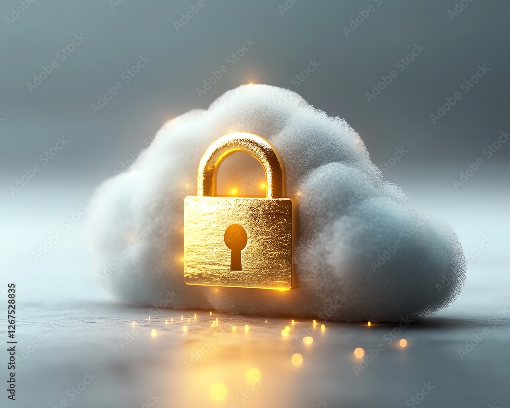 Poster a golden lock placed on a soft white cloud, symbolizing robust data security, glowing encryption pro