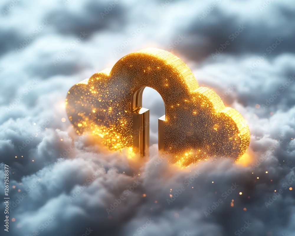 Poster a golden lock placed on a soft white cloud, symbolizing robust data security, glowing encryption pro