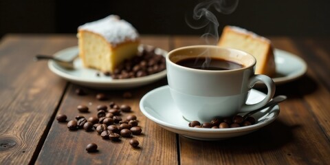 Obraz premium Aromatic Coffee with Sweet Treat and Roasted Beans on Rustic Wooden Surface