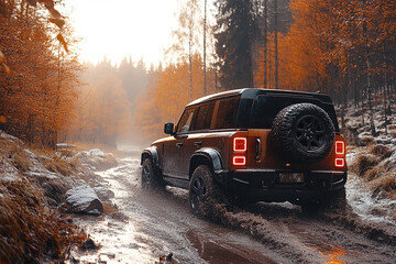 Defiant Defender navigates a muddy trail through autumnal woodland splendor