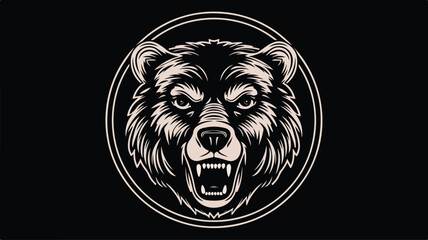 A black and white stock image features the head of an angry grizzly bear.