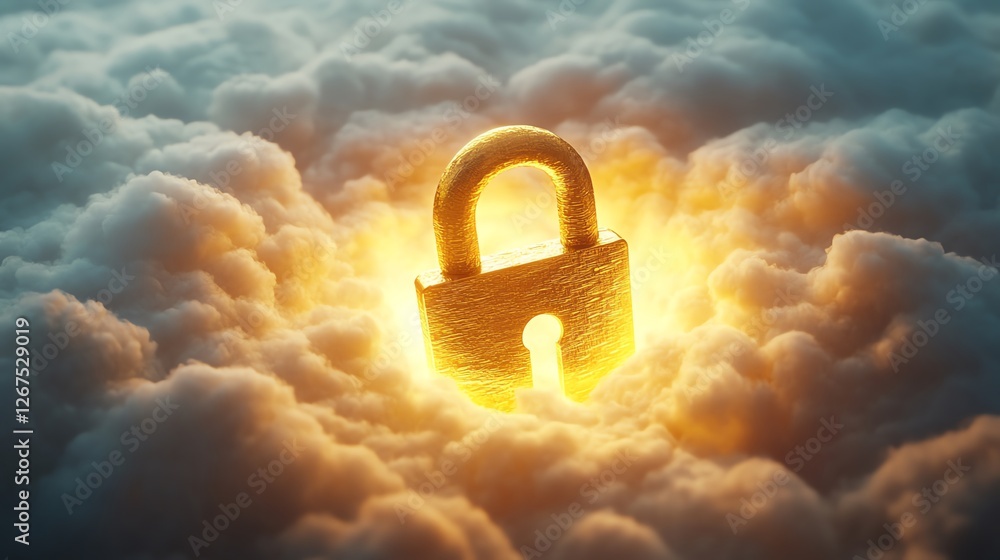 Poster a golden lock symbol resting on a soft white cloud, representing robust data security, glowing light