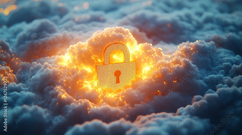Poster a golden lock symbol resting on a soft white cloud, representing robust data security, glowing light