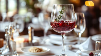 Naklejka premium A high-end gourmet setup with a crystal-cut wine glass of spring berry sangria, elegantly garnished with a sprig of thyme, against a fine-dining restaurant background