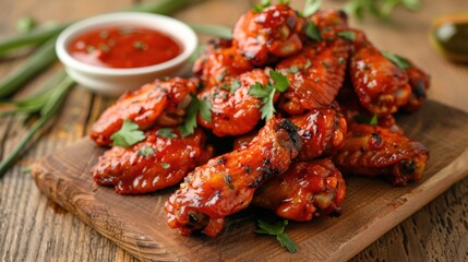 Spicy buffalo wings on a wooden table, white background