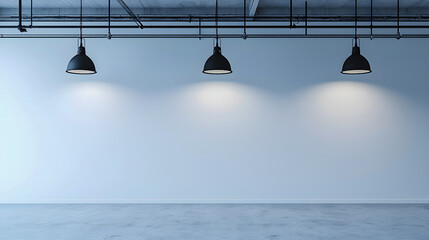 Modern industrial interior with minimalist lighting and empty wall space
