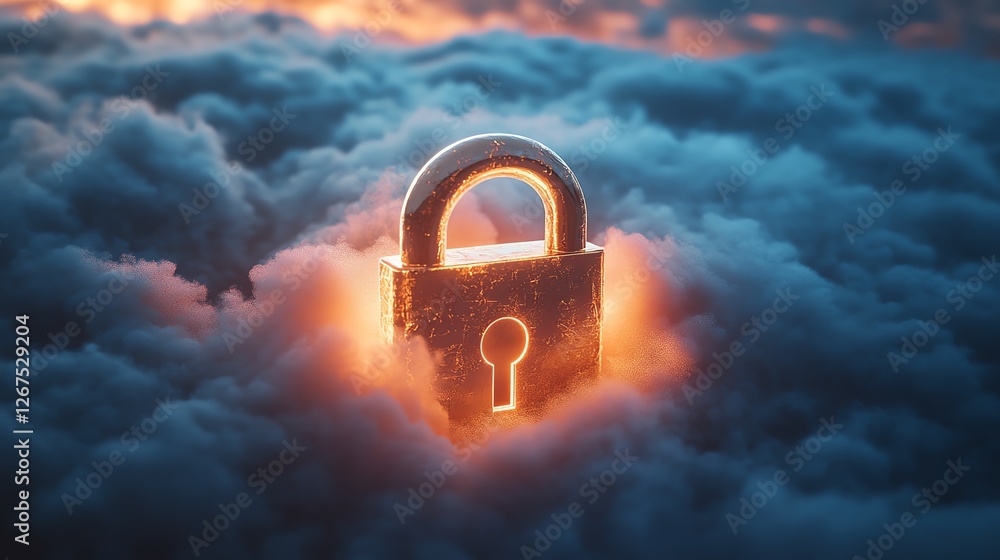 Poster a golden lock symbol resting on a soft white cloud, representing robust data security, glowing light