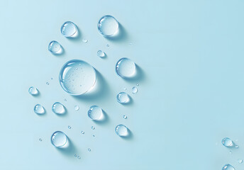 Clear Water Droplets on Light Blue Background with Shadows