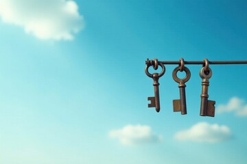 Fototapeta premium Three antique keys hanging against a vibrant blue sky, symbolizing opportunity, potential, and unlocking new horizons.