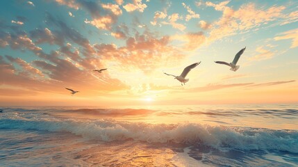 Obraz premium Capturing Coastal Serenity: A Seaside Sunrise Background Image with Flying Seagulls, Golden Horizon Reflections, and Ocean Waves – Perfect for Beach Wallpapers, Nautical Design, and Coastal Tourism Ca